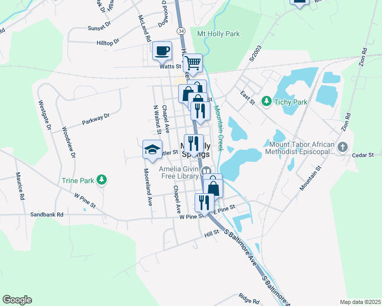 map of restaurants, bars, coffee shops, grocery stores, and more near 7 West Butler Street in Mount Holly Springs