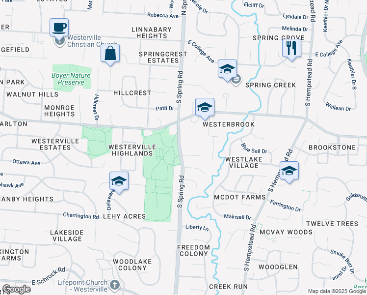 map of restaurants, bars, coffee shops, grocery stores, and more near 268 South Spring Road in Westerville