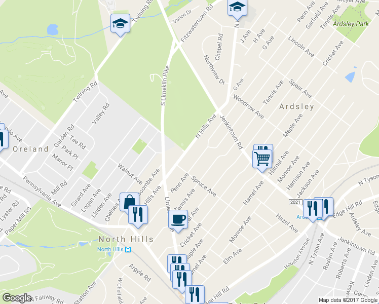 map of restaurants, bars, coffee shops, grocery stores, and more near 431 North Hills Avenue in Glenside