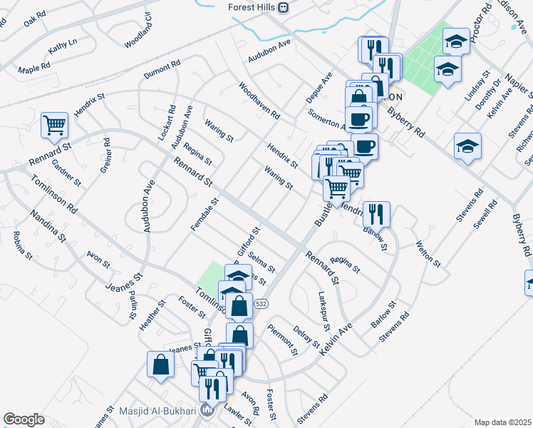 map of restaurants, bars, coffee shops, grocery stores, and more near 11620 Gifford Street in Philadelphia
