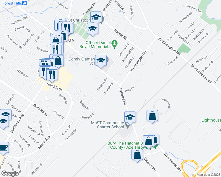 map of restaurants, bars, coffee shops, grocery stores, and more near 12039 Sewell Road in Philadelphia