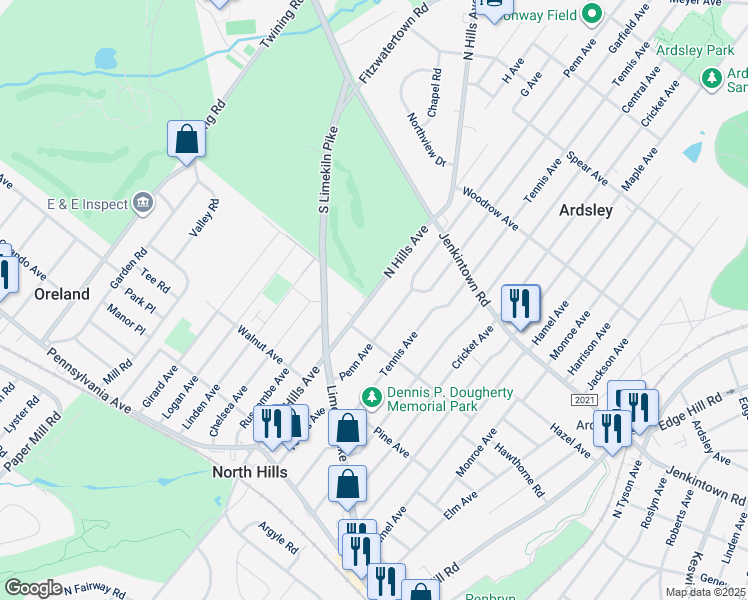 map of restaurants, bars, coffee shops, grocery stores, and more near 431 North Hills Avenue in Glenside
