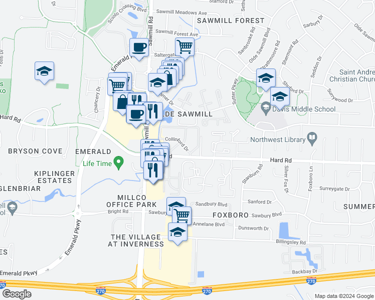 map of restaurants, bars, coffee shops, grocery stores, and more near 2672 Collinford Drive in Dublin