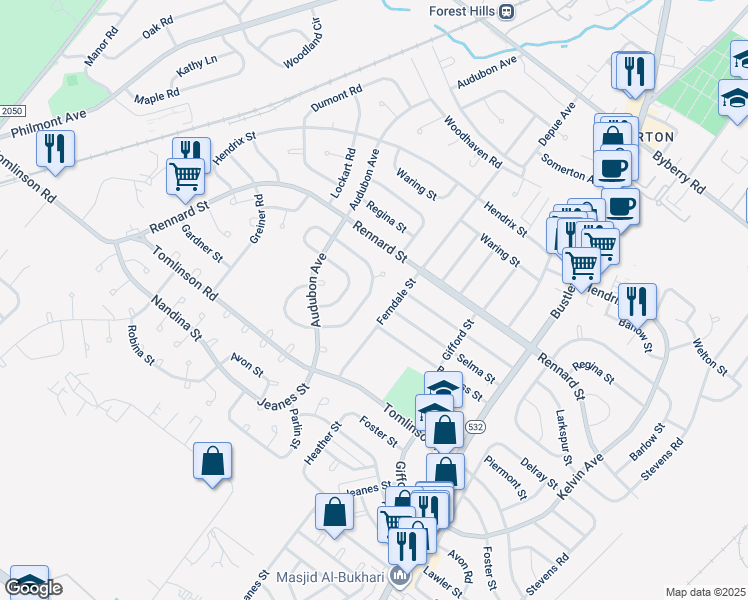 map of restaurants, bars, coffee shops, grocery stores, and more near 11227 Jeanes Street in Philadelphia