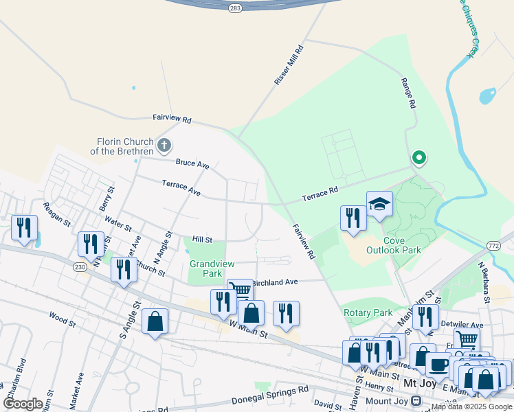 map of restaurants, bars, coffee shops, grocery stores, and more near 309 Hill Street in Mount Joy