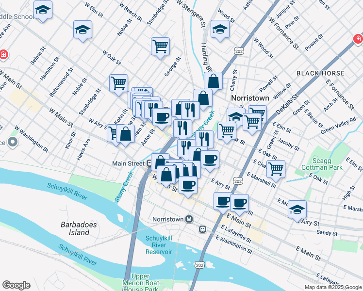 map of restaurants, bars, coffee shops, grocery stores, and more near 600 Markley Street in Norristown