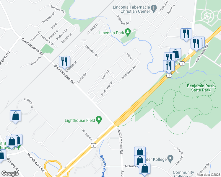 map of restaurants, bars, coffee shops, grocery stores, and more near 15121 Sunflower Drive in Philadelphia