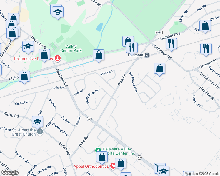 map of restaurants, bars, coffee shops, grocery stores, and more near 136 Kirk Drive in Montgomery County