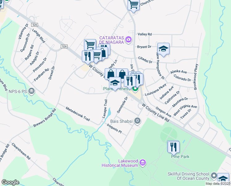 map of restaurants, bars, coffee shops, grocery stores, and more near 75 Pawnee Road in Lakewood Township