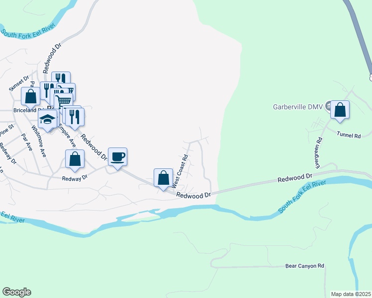 map of restaurants, bars, coffee shops, grocery stores, and more near 210 West Coast Road in Redway