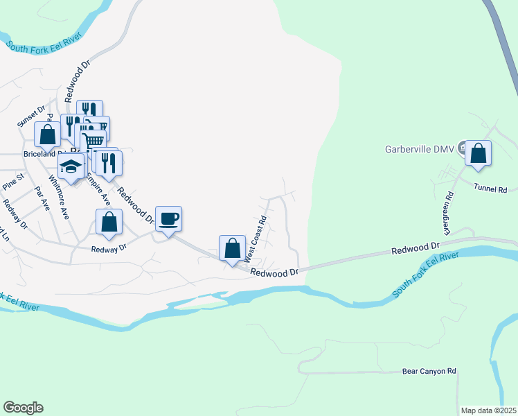 map of restaurants, bars, coffee shops, grocery stores, and more near 210 West Coast Road in Redway