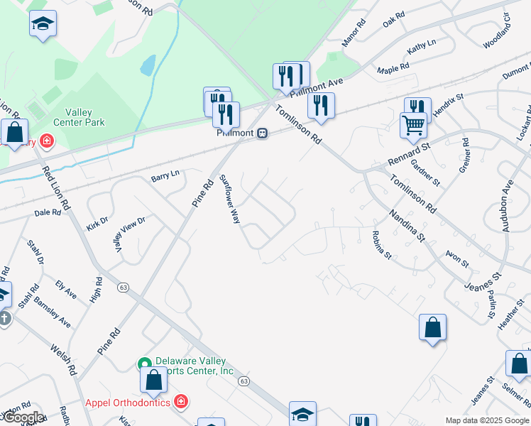 map of restaurants, bars, coffee shops, grocery stores, and more near 40 Morning Glory Way in Huntingdon Valley