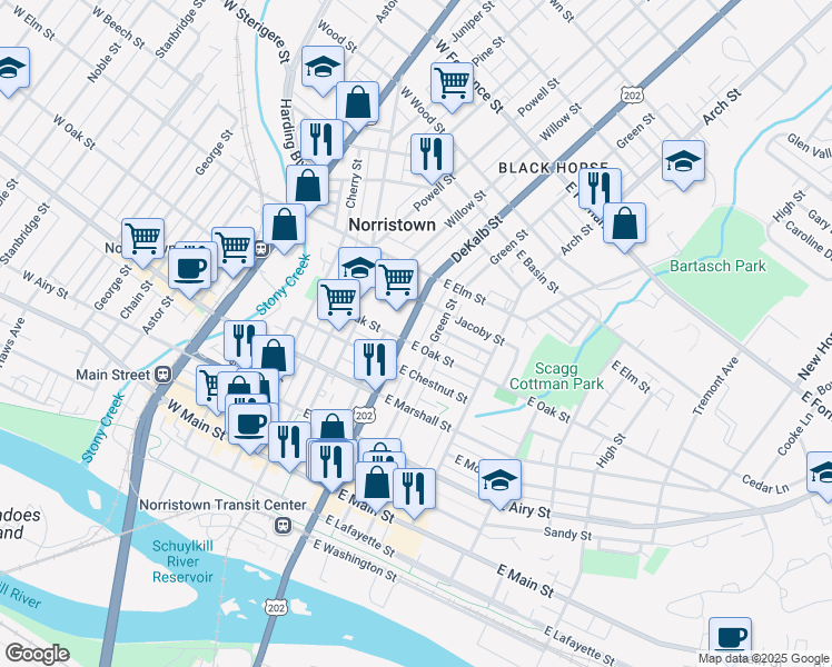map of restaurants, bars, coffee shops, grocery stores, and more near 827 U.S. 202 in Norristown
