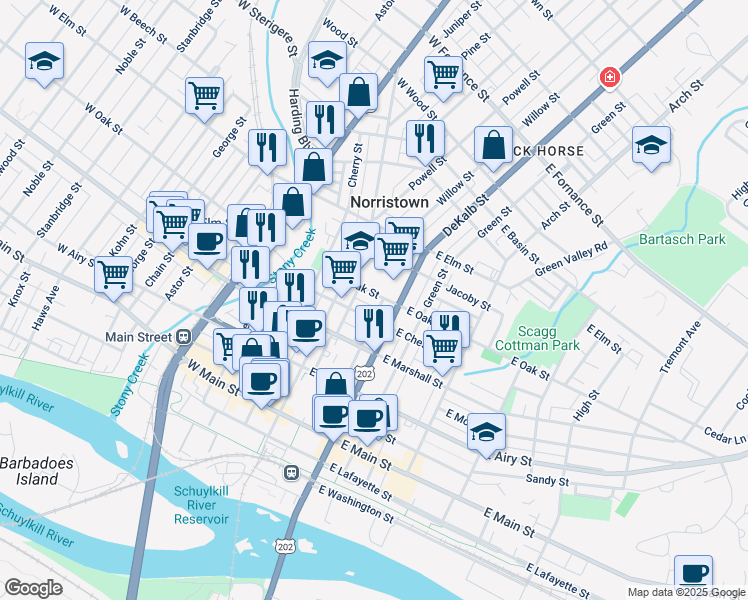 map of restaurants, bars, coffee shops, grocery stores, and more near 821 Willow Street in Norristown