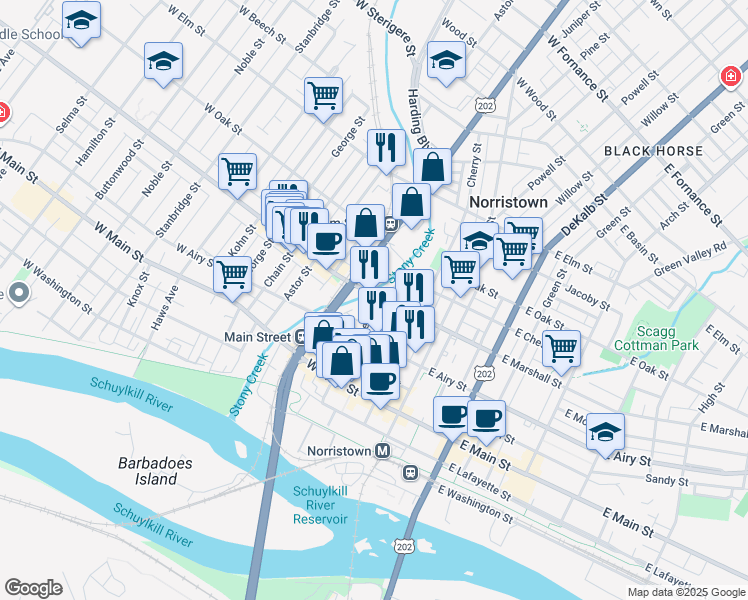 map of restaurants, bars, coffee shops, grocery stores, and more near 622 Markley Street in Norristown