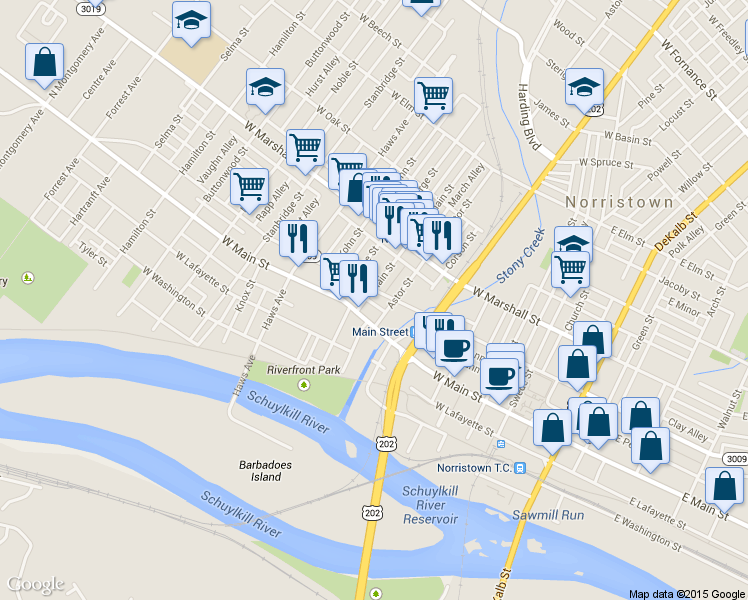map of restaurants, bars, coffee shops, grocery stores, and more near 512 West Airy Street in Norristown