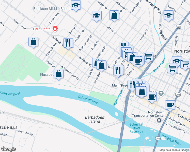 map of restaurants, bars, coffee shops, grocery stores, and more near 222 Knox Street in Norristown