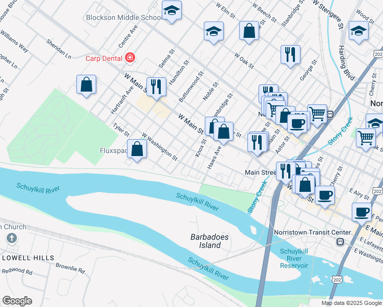 map of restaurants, bars, coffee shops, grocery stores, and more near 913 West Lafayette Street in Norristown