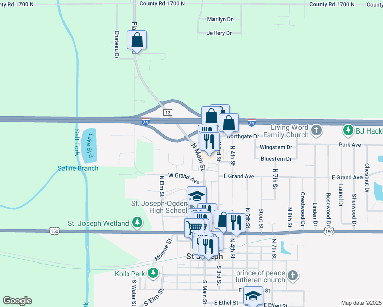 map of restaurants, bars, coffee shops, grocery stores, and more near 710 East Woodland Drive in Saint Joseph