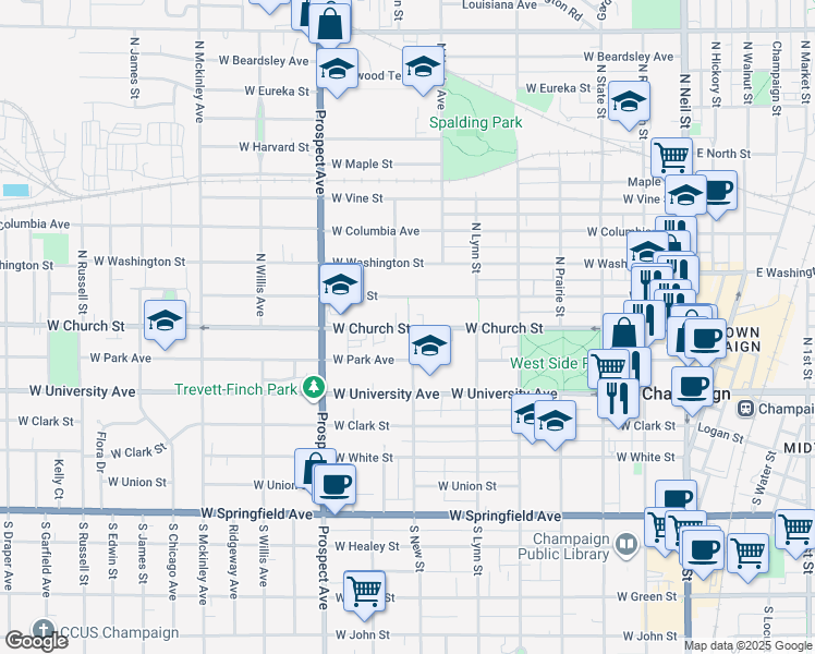 map of restaurants, bars, coffee shops, grocery stores, and more near 619 West Hill Street in Champaign