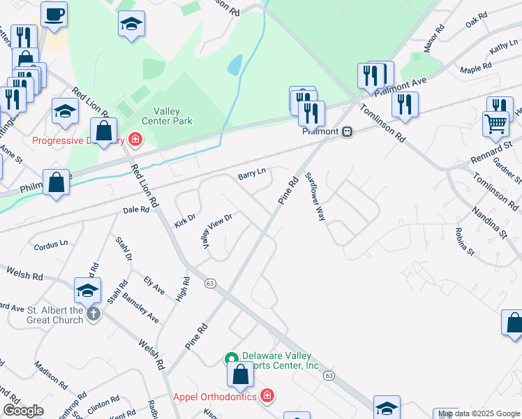 map of restaurants, bars, coffee shops, grocery stores, and more near 136 Kirk Drive in Montgomery County