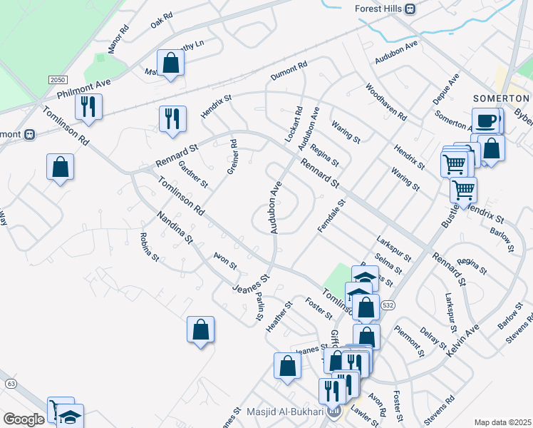 map of restaurants, bars, coffee shops, grocery stores, and more near 11116 Audubon Avenue in Philadelphia