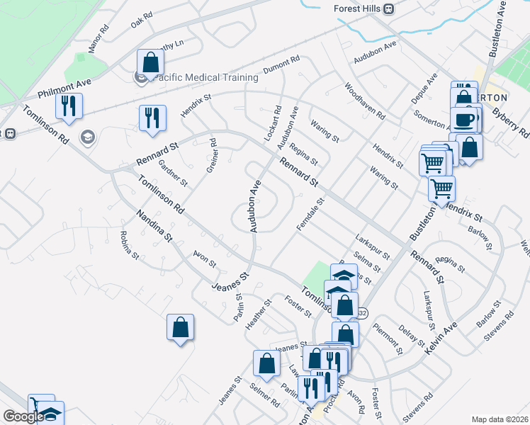 map of restaurants, bars, coffee shops, grocery stores, and more near 407 Audubon Plaza in Philadelphia