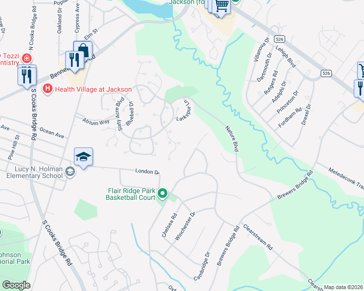 map of restaurants, bars, coffee shops, grocery stores, and more near 30 Eucalyptus Court in Jackson Township