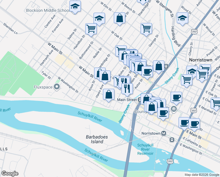 map of restaurants, bars, coffee shops, grocery stores, and more near 620 West Airy Street in Norristown
