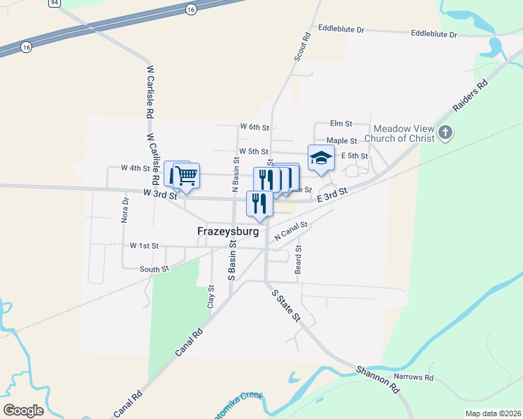 map of restaurants, bars, coffee shops, grocery stores, and more near 22 West 3rd Street in Frazeysburg