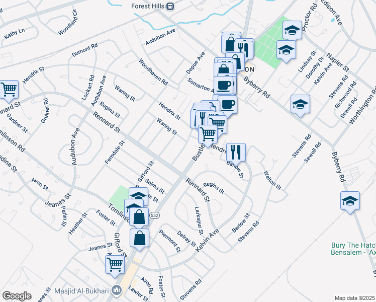 map of restaurants, bars, coffee shops, grocery stores, and more near 11623 Banes Street in Philadelphia