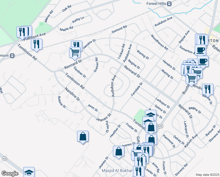 map of restaurants, bars, coffee shops, grocery stores, and more near 11116 Audubon Avenue in Philadelphia