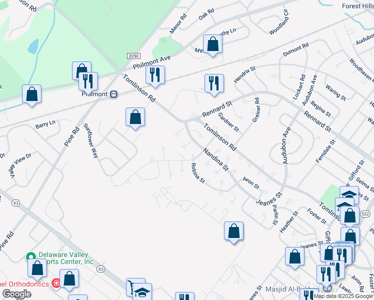 map of restaurants, bars, coffee shops, grocery stores, and more near 10833 Nandina Way in Philadelphia