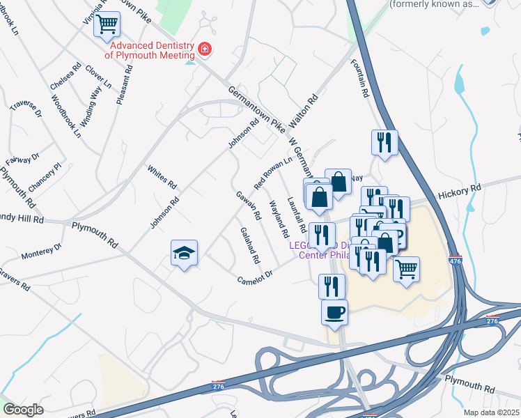 map of restaurants, bars, coffee shops, grocery stores, and more near 624 Gawain Road in Plymouth Meeting