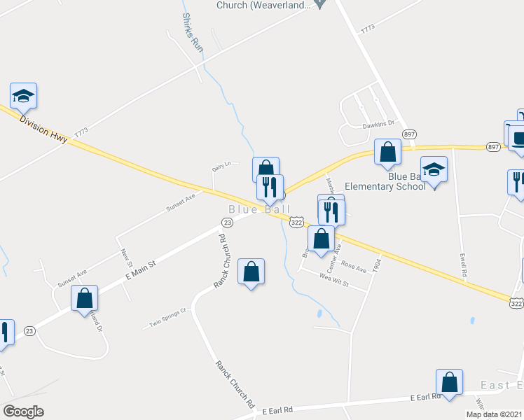 map of restaurants, bars, coffee shops, grocery stores, and more near 1623 East Main Street in East Earl