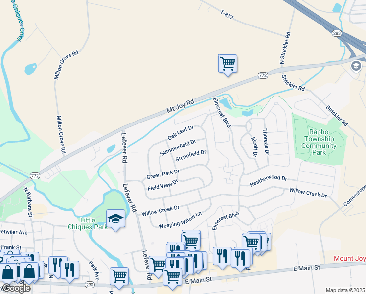 map of restaurants, bars, coffee shops, grocery stores, and more near 5251 Summerfield Drive in Mount Joy