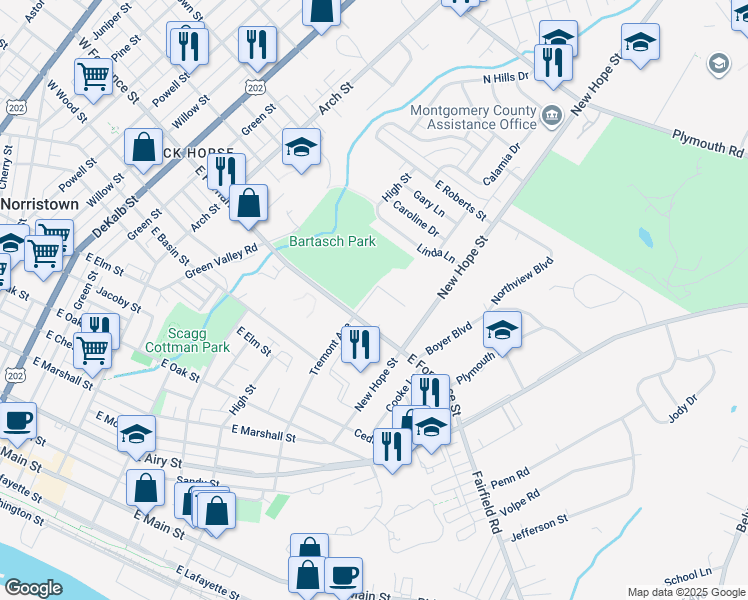 map of restaurants, bars, coffee shops, grocery stores, and more near 1408 Tremont Avenue in Norristown