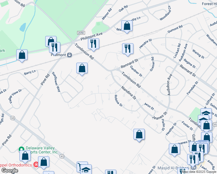 map of restaurants, bars, coffee shops, grocery stores, and more near 10825 Nandina Way in Philadelphia