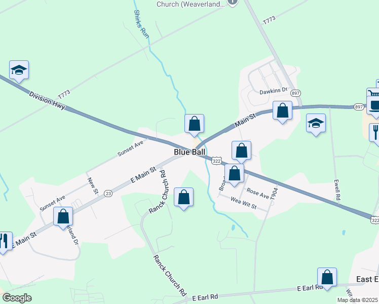 map of restaurants, bars, coffee shops, grocery stores, and more near in Blue Ball