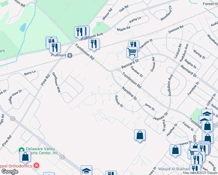 map of restaurants, bars, coffee shops, grocery stores, and more near 10825 Nandina Way in Philadelphia