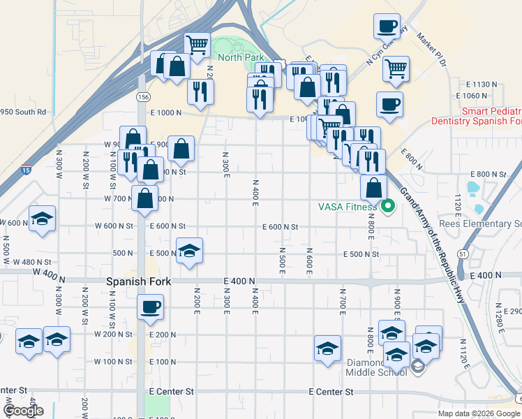 map of restaurants, bars, coffee shops, grocery stores, and more near 391 East 700 North in Spanish Fork