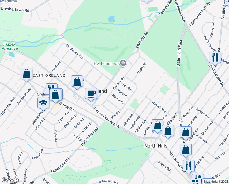 map of restaurants, bars, coffee shops, grocery stores, and more near 141 Garden Road in Oreland