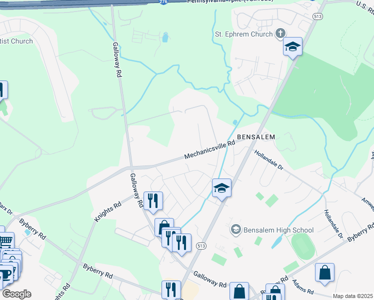 map of restaurants, bars, coffee shops, grocery stores, and more near 4020 Mechanicsville Road in Bensalem