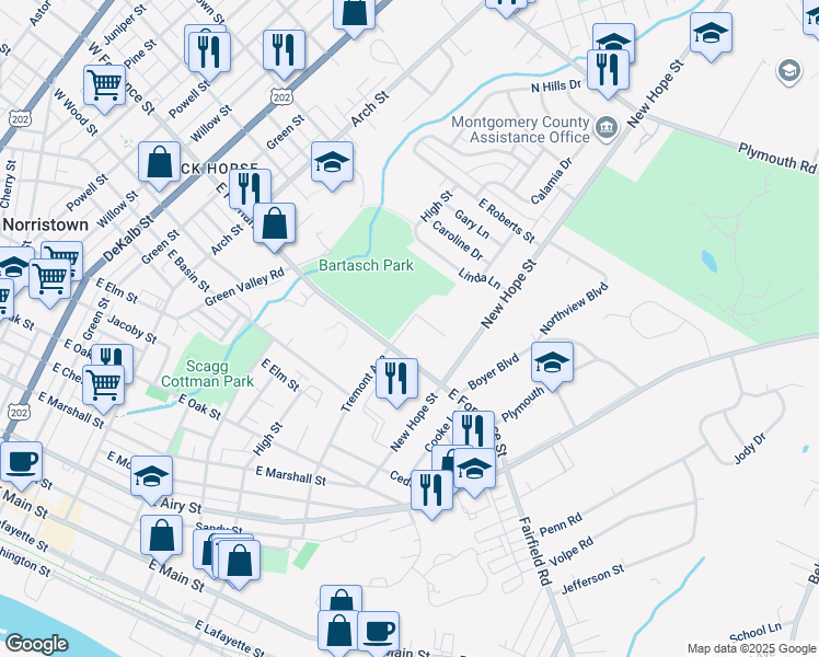 map of restaurants, bars, coffee shops, grocery stores, and more near 1408 Tremont Avenue in Norristown