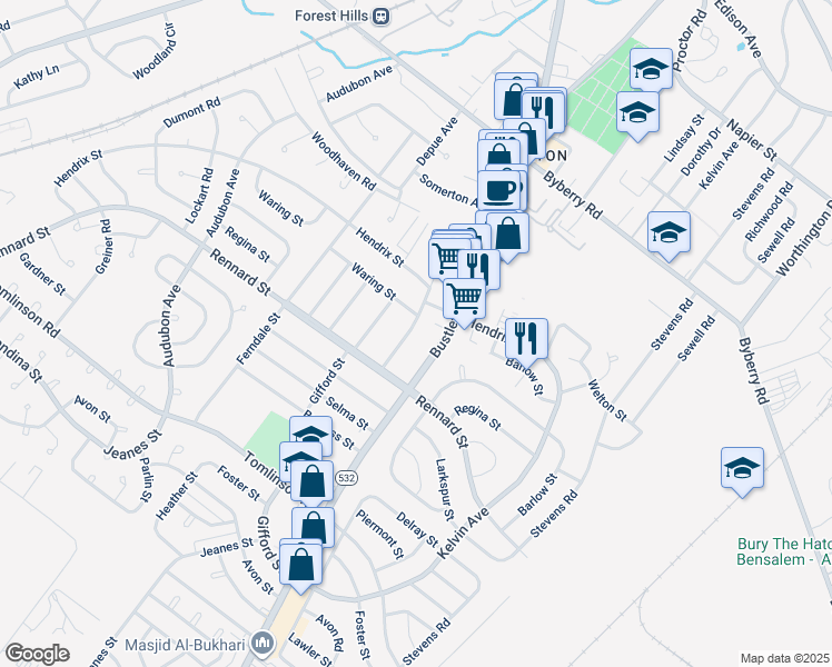 map of restaurants, bars, coffee shops, grocery stores, and more near 11623 Banes Street in Philadelphia