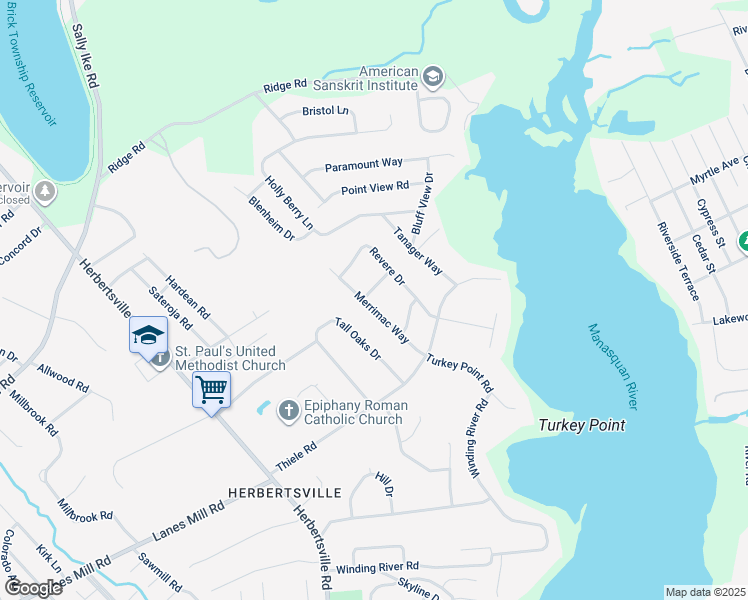 map of restaurants, bars, coffee shops, grocery stores, and more near 721 Merrimac Way in Brick