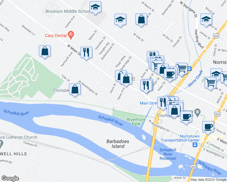 map of restaurants, bars, coffee shops, grocery stores, and more near 727 West Lafayette Street in Norristown