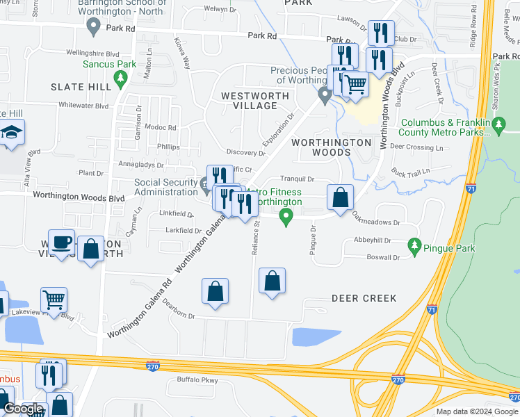 map of restaurants, bars, coffee shops, grocery stores, and more near 1121 Farmlane Drive in Columbus