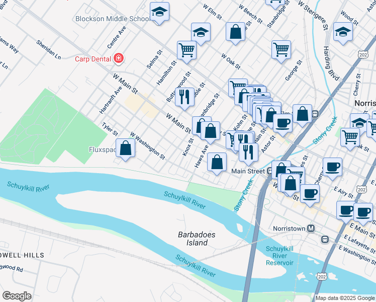 map of restaurants, bars, coffee shops, grocery stores, and more near 222 Knox Street in Norristown