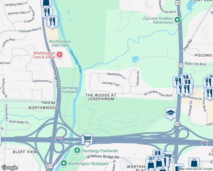 map of restaurants, bars, coffee shops, grocery stores, and more near 388 Jessing Trail in Columbus